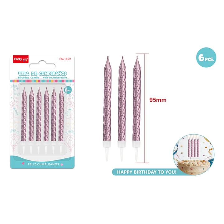 Velas Para Torta Espiral Rosado 95Mm 6 Unidades 1
