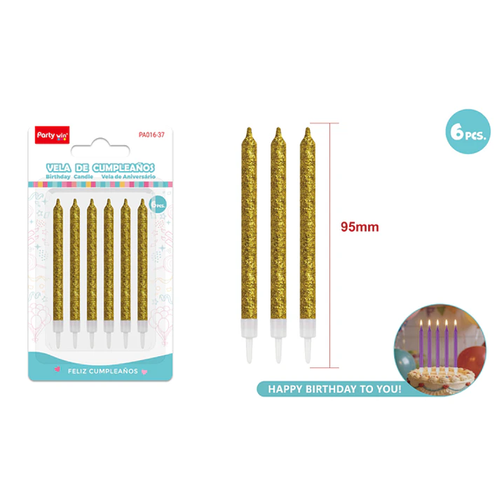 Velas Para Torta Glitter Dorado 95Mm 6 Unidades 1