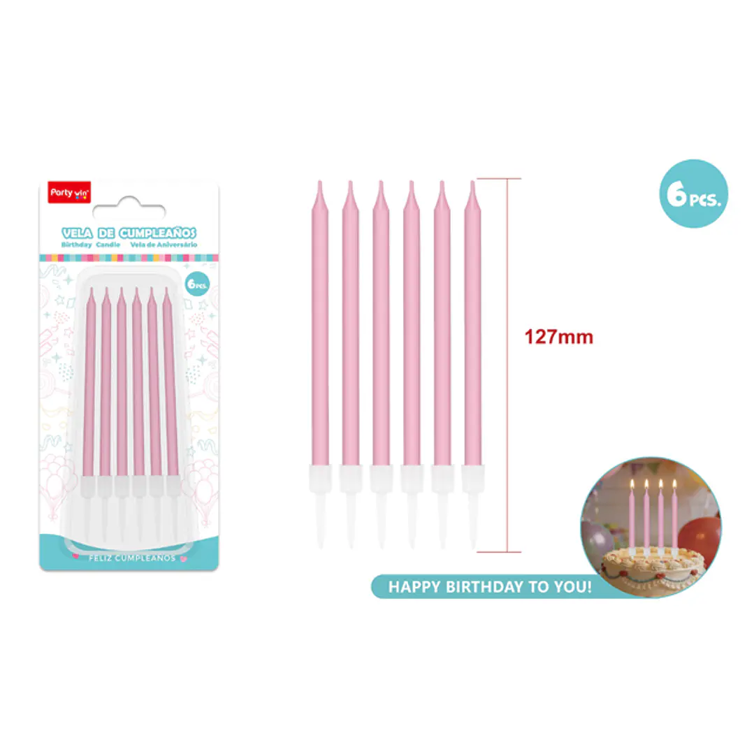 Velas Para Torta Rosado 125Mm 6 Unidades 1