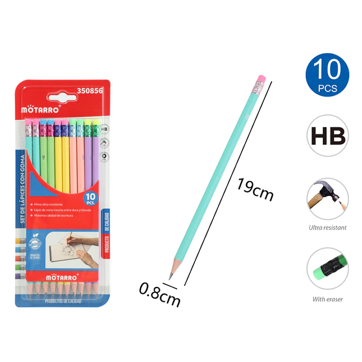 Lapices Grafitos Hb Con Goma Macaron 19Cm 10 Unidades 1