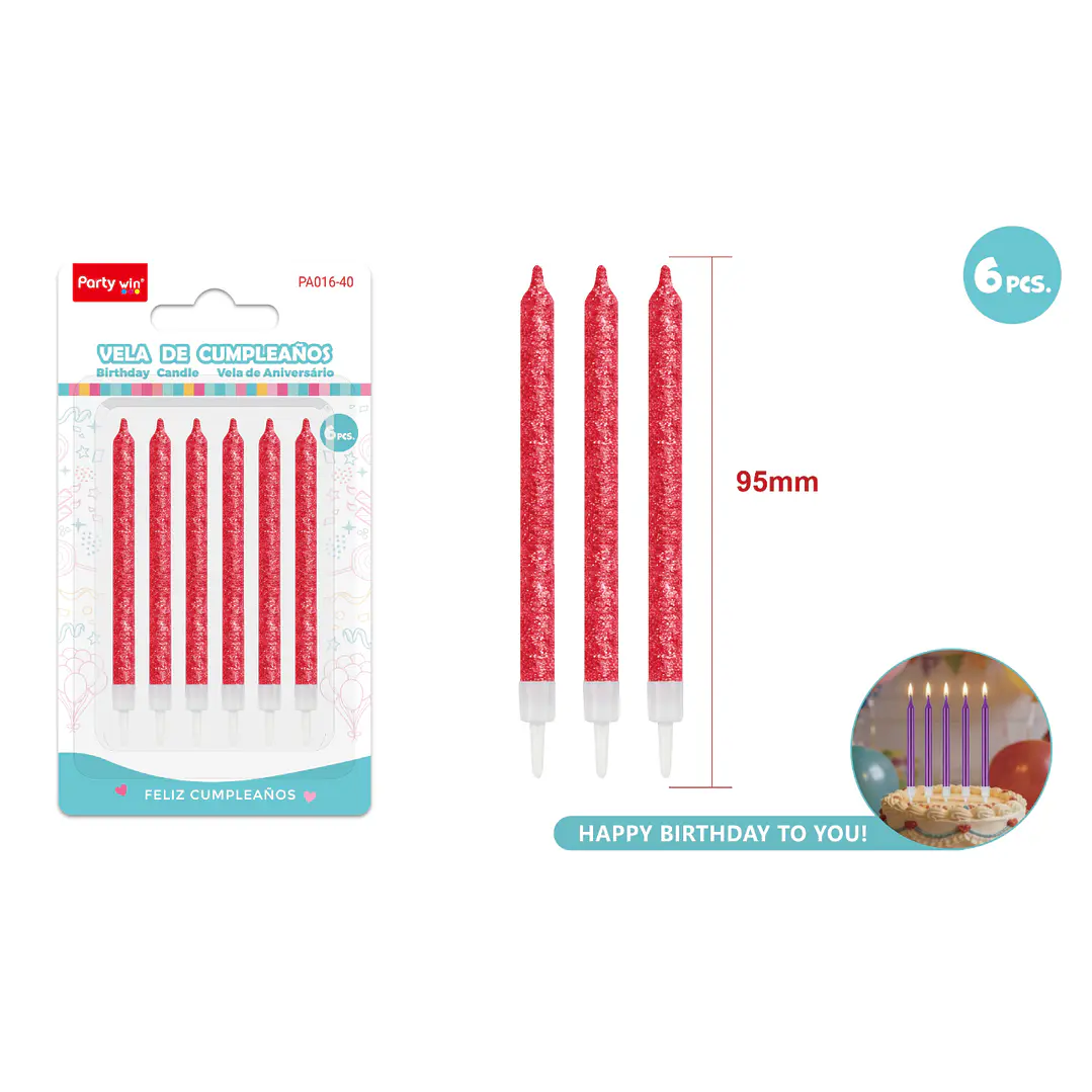 Velas Para Torta Glitter Rojo 95Mm 6 Unidades 1