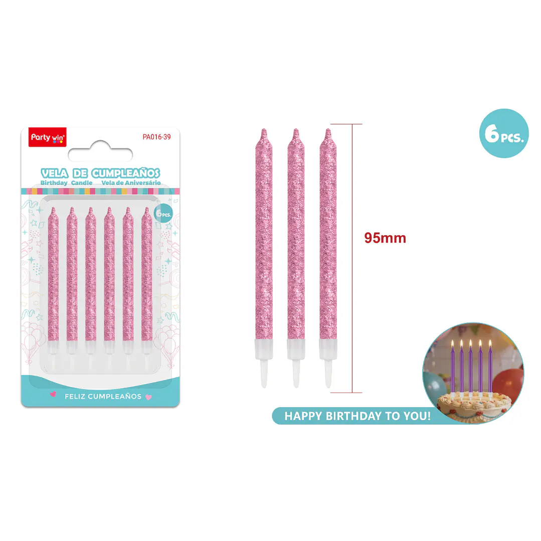 Velas Para Torta Glitter Rosado 95Mm 6 Unidades 1