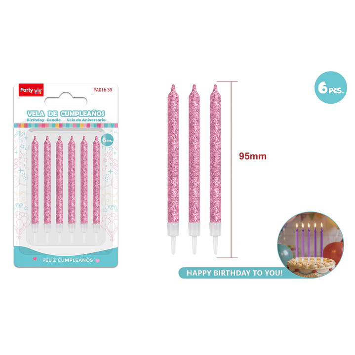Velas Para Torta Glitter Rosado 95Mm 6 Unidades 1
