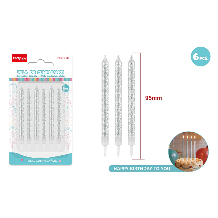 Velas Para Torta Glitter Plateado 95Mm 6 Unidades 1