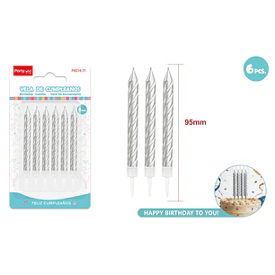Velas Para Torta Espiral Plateado 95Mm 6 Unidades