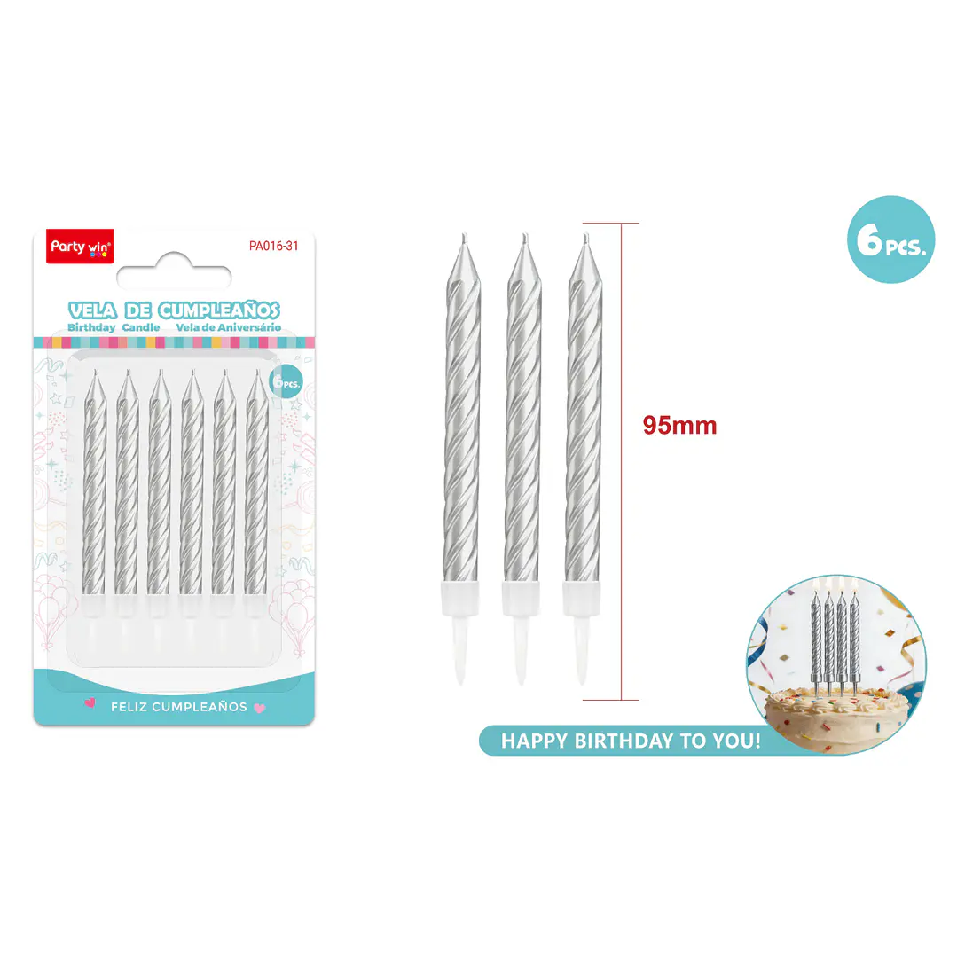 Velas Para Torta Espiral Plateado 95Mm 6 Unidades 1
