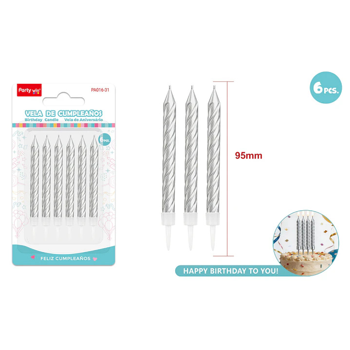 Velas Para Torta Espiral Plateado 95Mm 6 Unidades 1