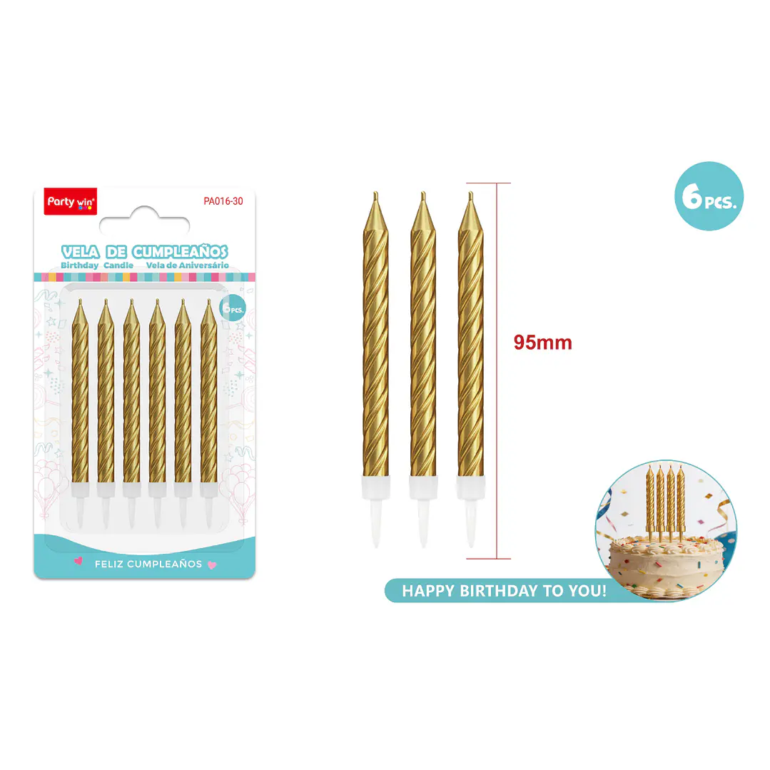 Velas Para Torta Espiral Dorado 95Mm 6 Unidades 1