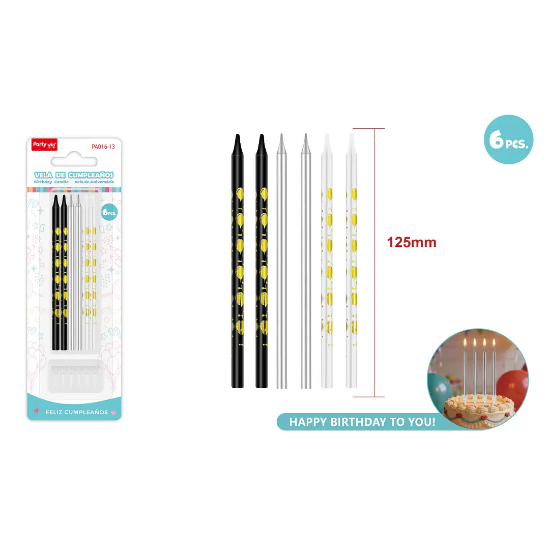 Velas Para Torta Negro Dorado 125Mm 6 Unidades 1