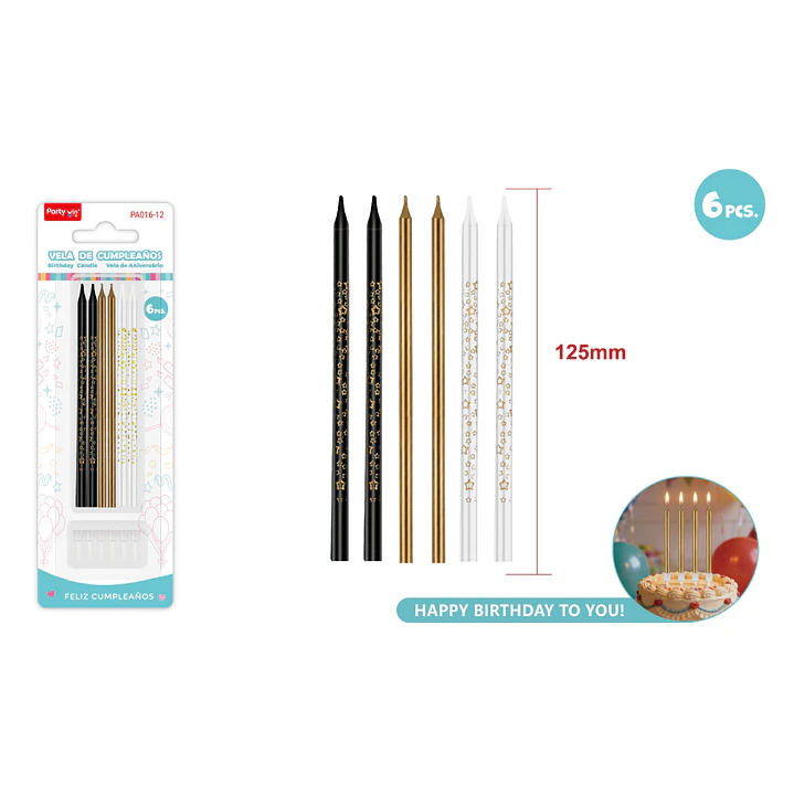 Velas Para Torta Negro Dorado 125Mm 6 Unidades 1