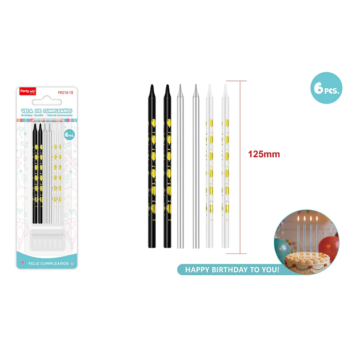 Velas Para Torta Negro Dorado 125Mm 6 Unidades 1