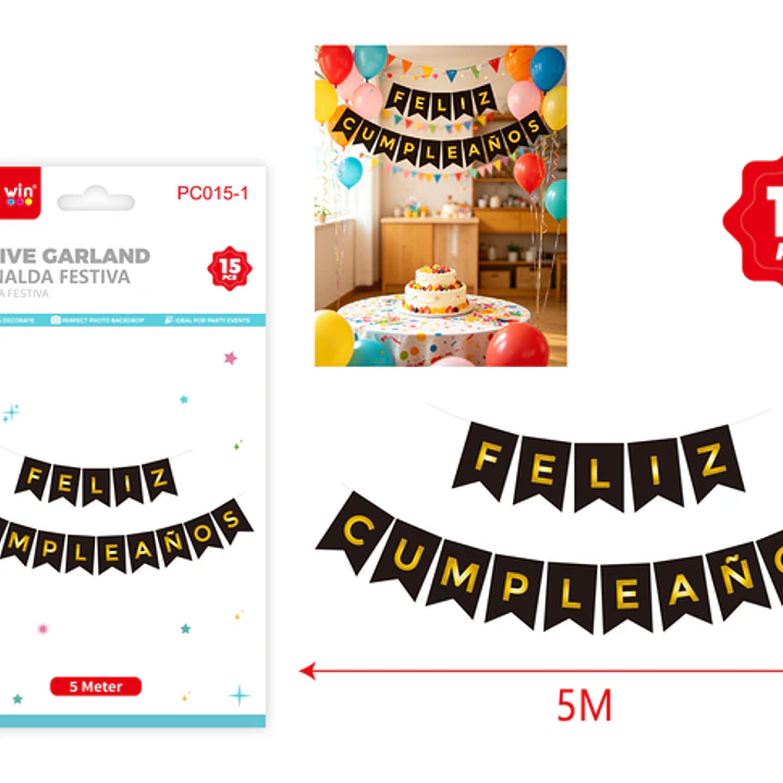 Guirnalda Cumpleaños Negro Dorado 5M 15 Unidades 1