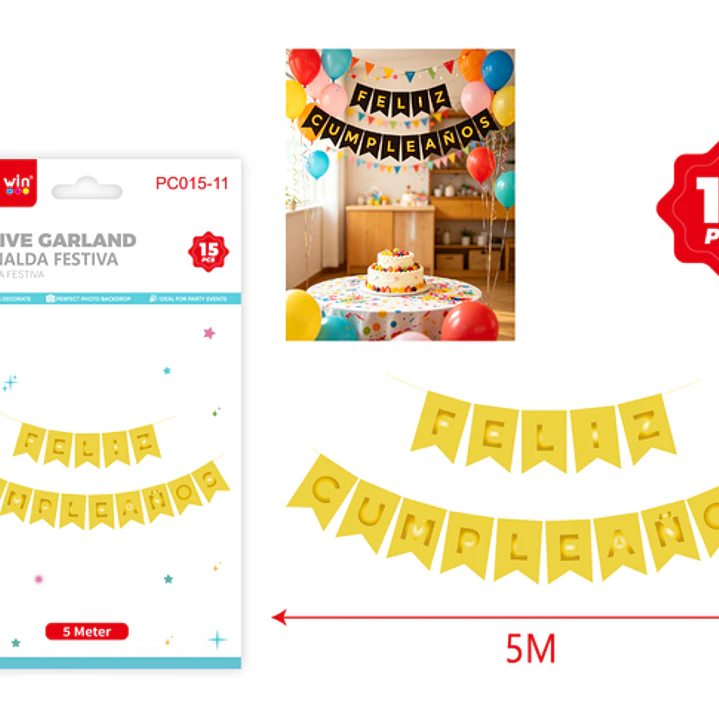 Guirnalda Cumpleaños Amarillo Dorado 5M 15 Unidades 1