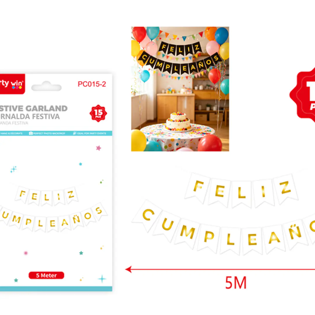 Guirnalda Cumpleaños Blanco Dorado 5M 15 Unidades 1