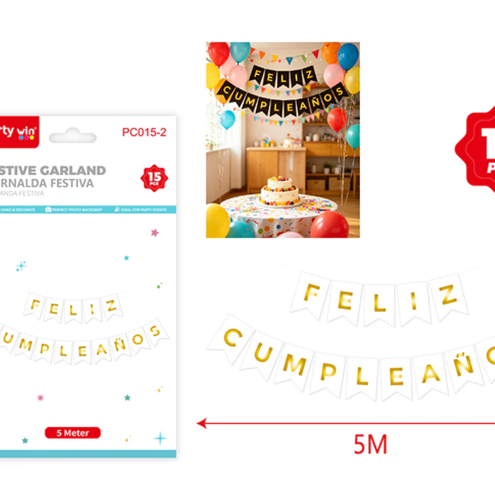 Guirnalda Cumpleaños Blanco Dorado 5M 15 Unidades 1