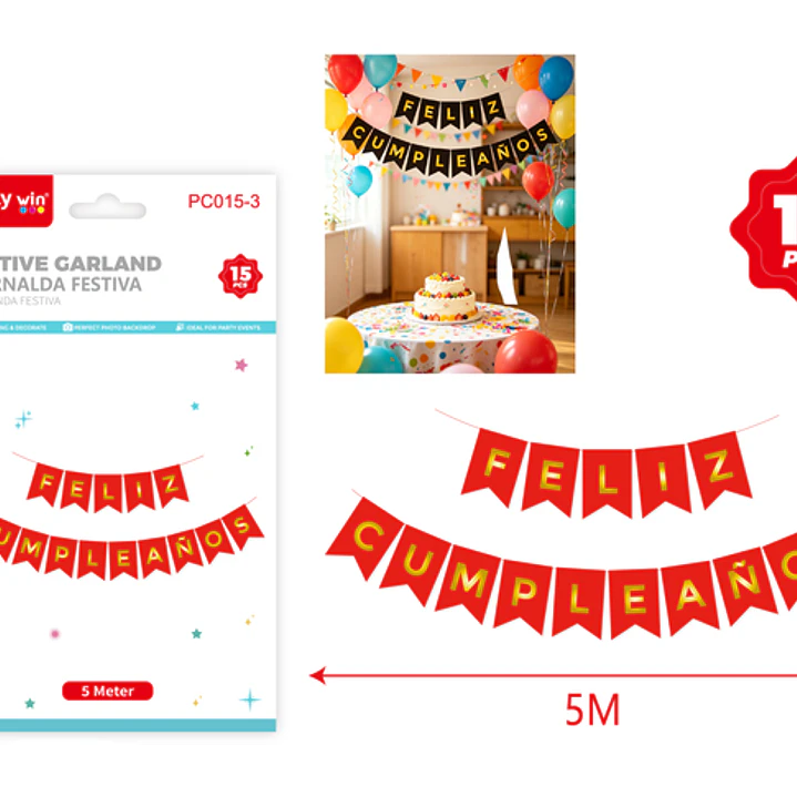 Guirnalda Cumpleaños Rojo Dorado 5M 15 Unidades 1
