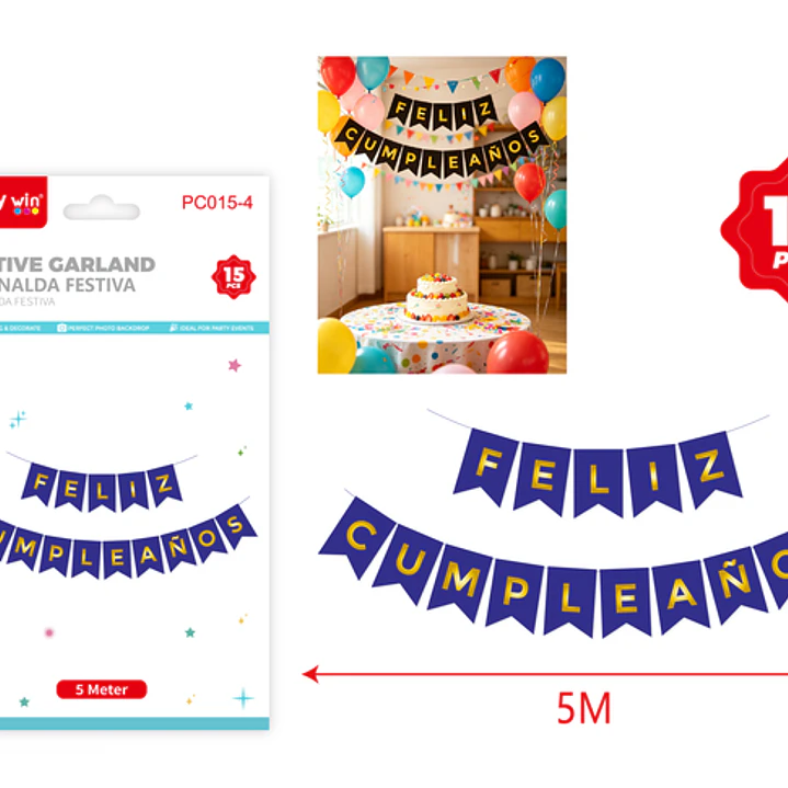 Guirnalda Cumpleaños Azul Dorado 5M 15 Unidades 1