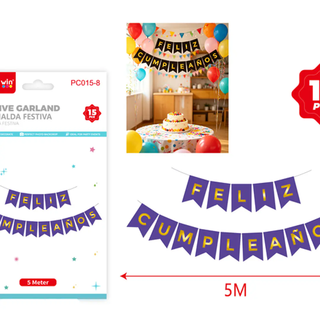Guirnalda Cumpleaños Morado Dorado 5M 15 Unidades 1