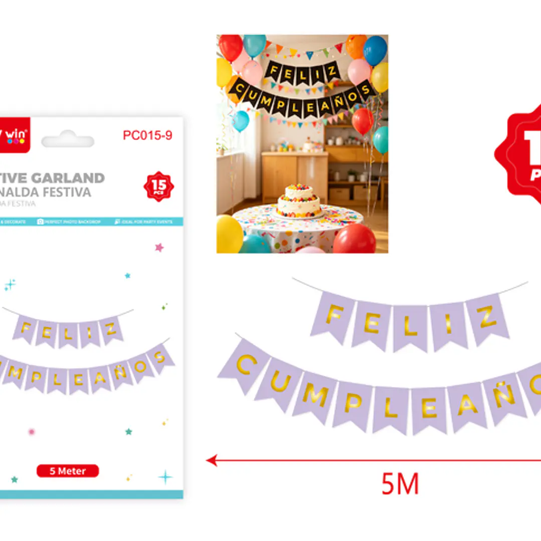Guirnalda Cumpleaños Morado Claro Dorado 5M 15 Unidades 1