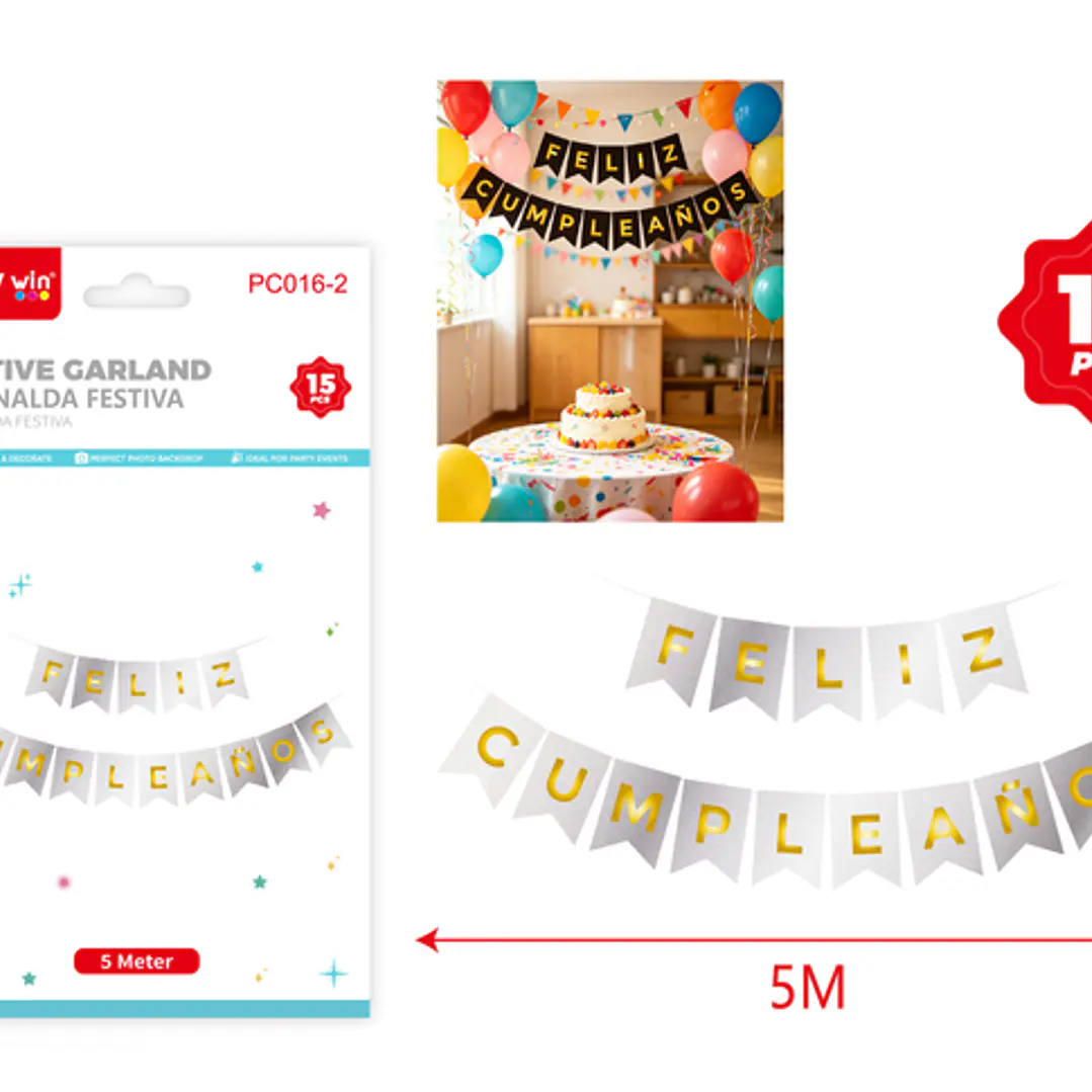 Guirnalda Cumpleaños Holografico Plateado 5M 15 Unidades 1