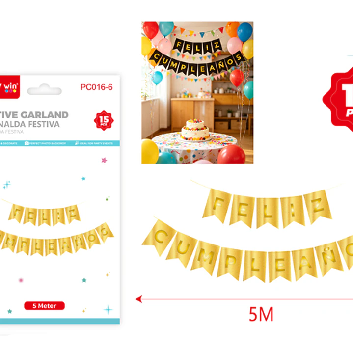 Guirnalda Cumpleaños Holografico Dorado 5M 15 Unidades 1