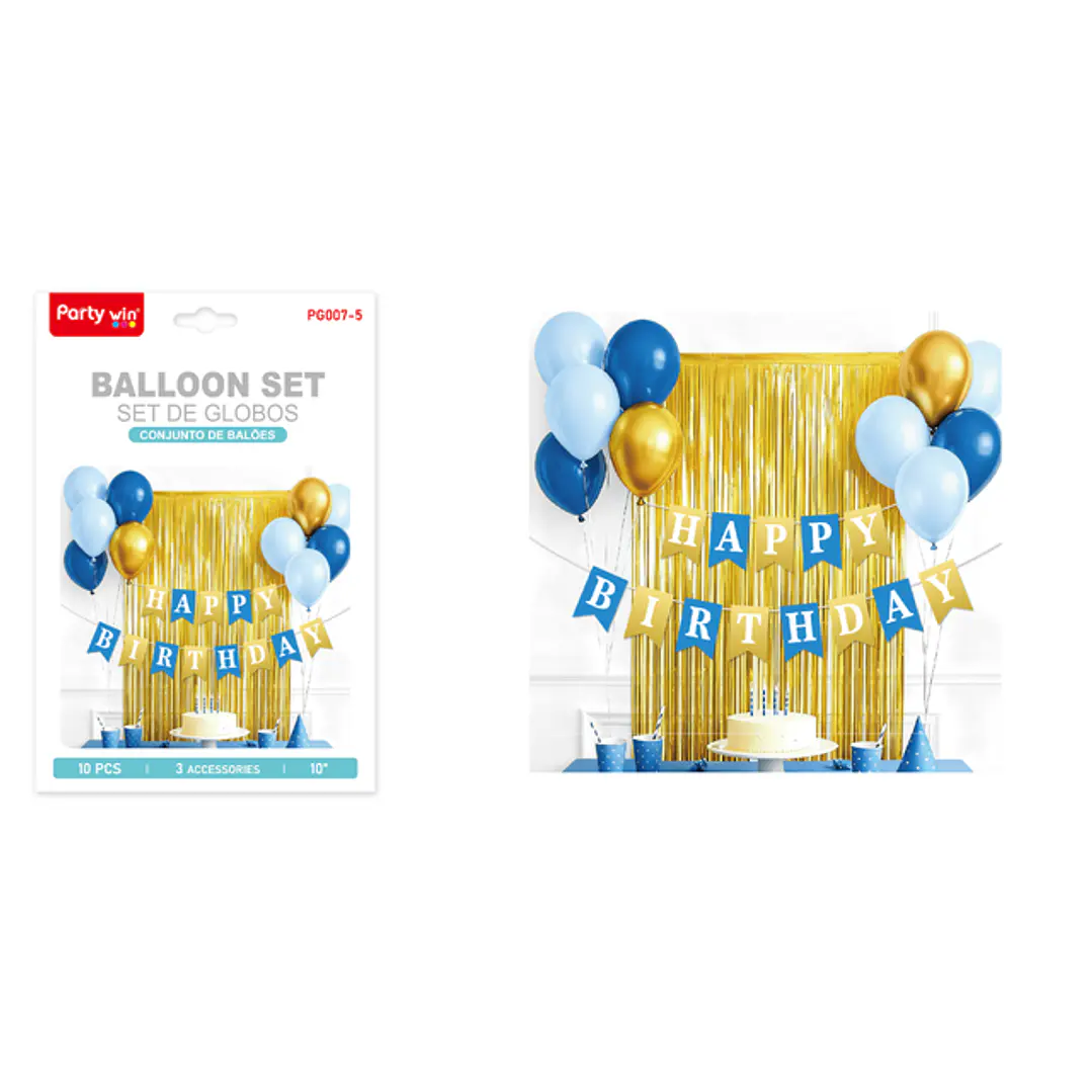 Set De Cortina Con Globos Cumpleaños Azul Dorado 1