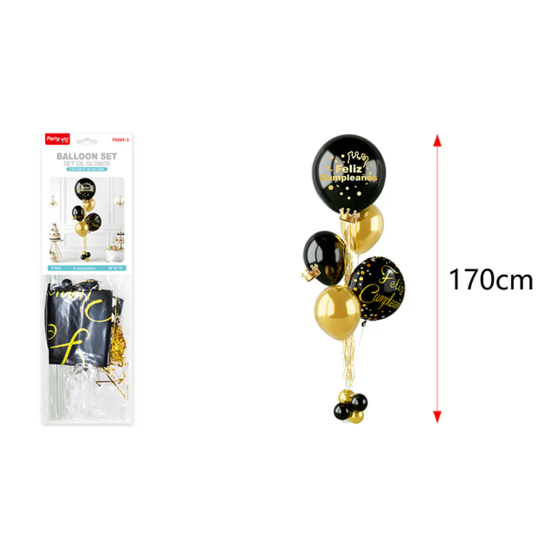 Set De Globos Con Soporte Cumpleaños Negro Dorado 1