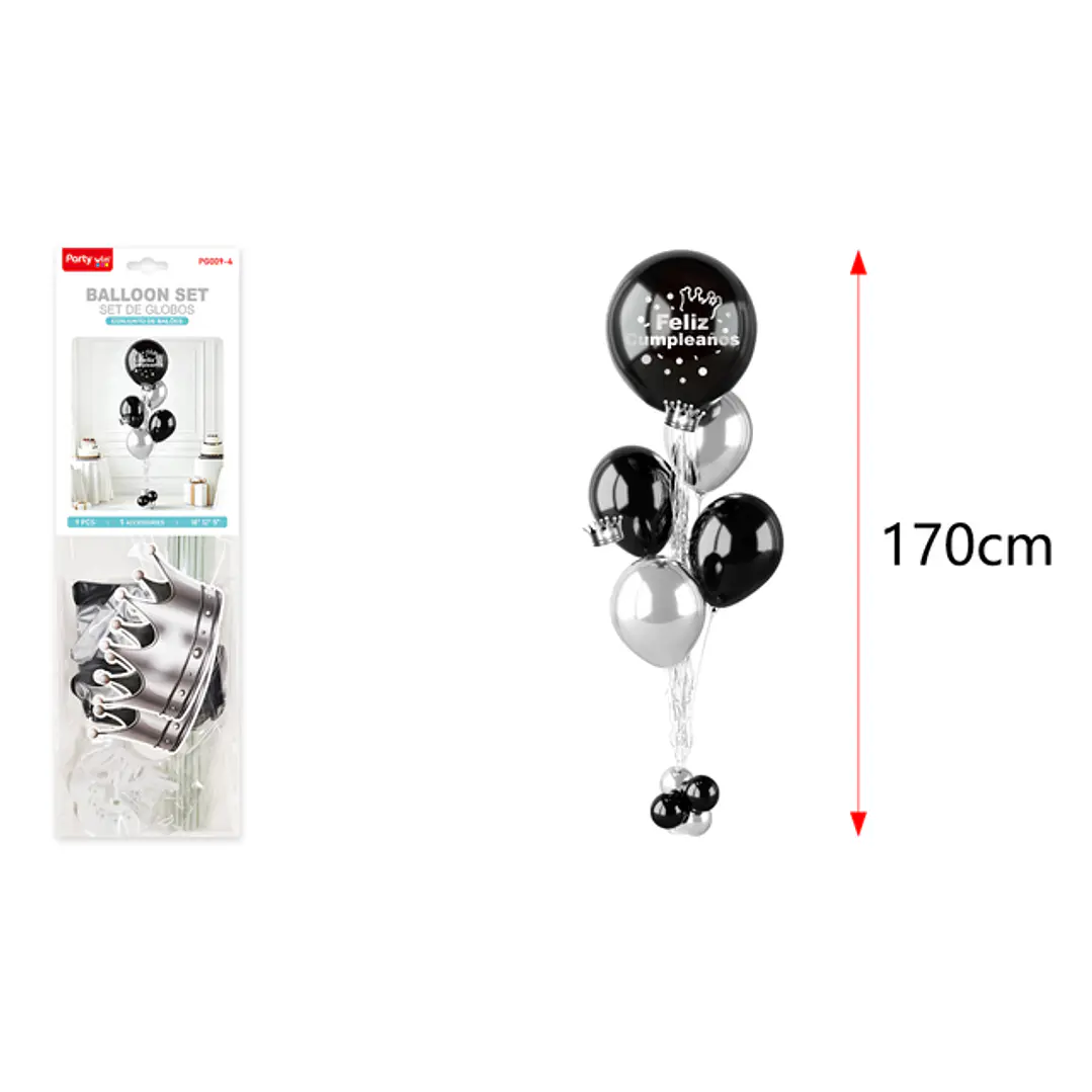 Set De Globos Con Soporte Cumpleaños Negro Plateado 1