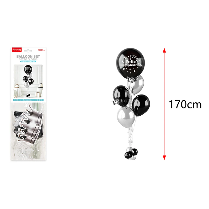 Set De Globos Con Soporte Cumpleaños Negro Plateado 1