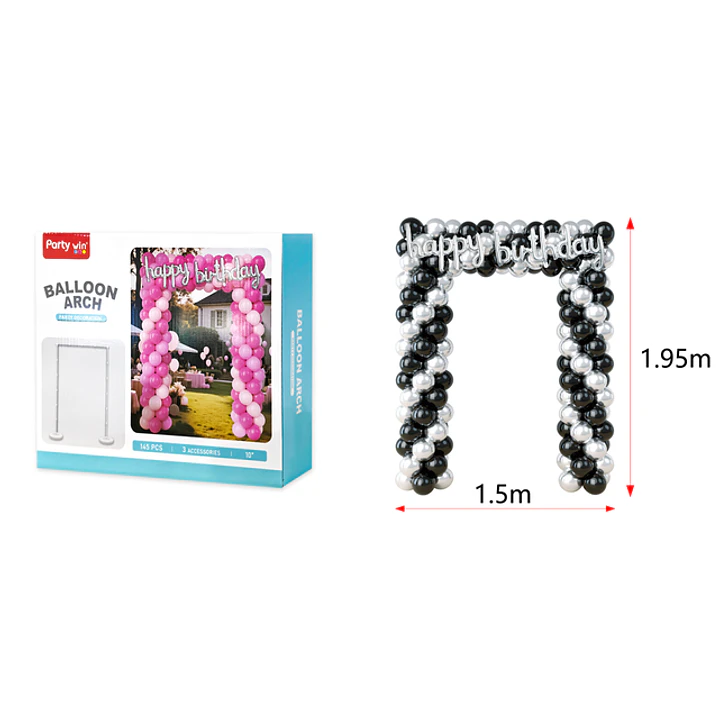 Set De Globos Con Soporte Cumpleaños Negro Plateado 1.95X1.5M 1
