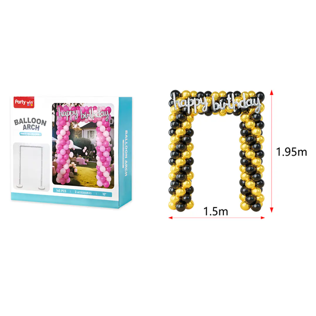 Set De Globos Con Soporte Cumpleaños Negro Dorado 1.95X1.5M 1