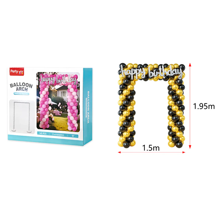 Set De Globos Con Soporte Cumpleaños Negro Dorado 1.95X1.5M 1