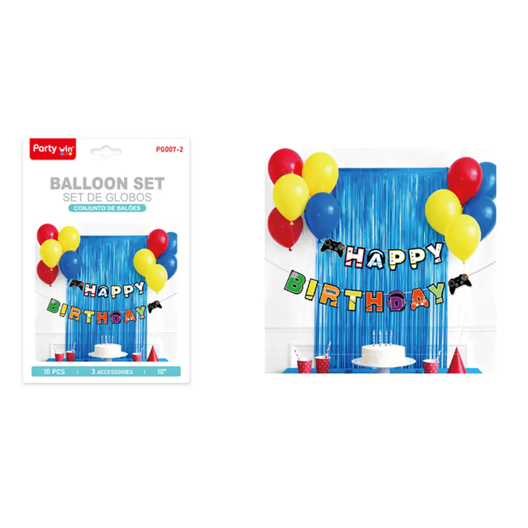 Set De Cortina Con Globos Cumpleaños Game Azul 1