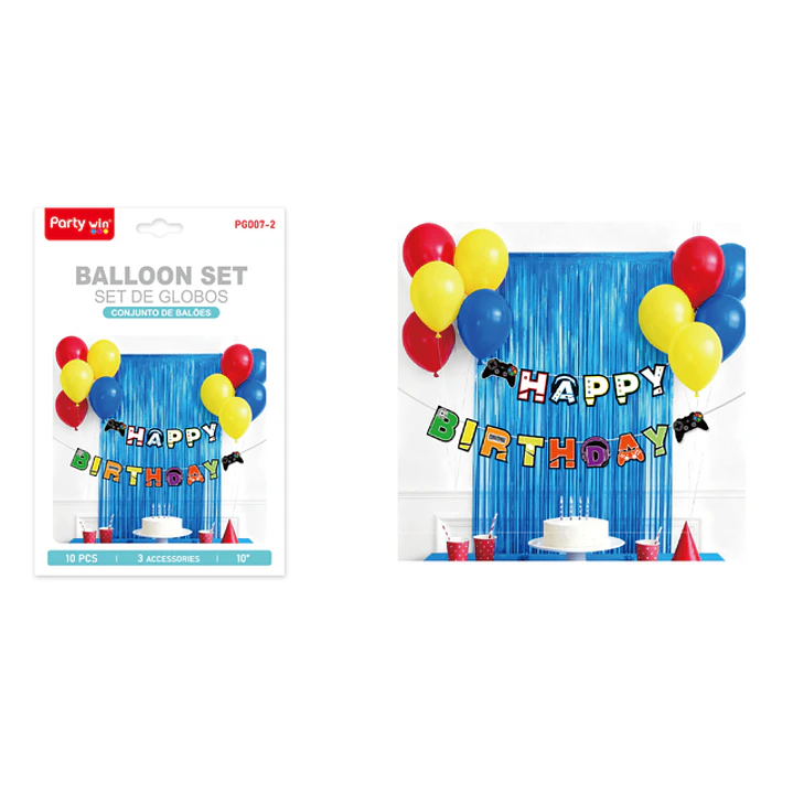Set De Cortina Con Globos Cumpleaños Game Azul 1