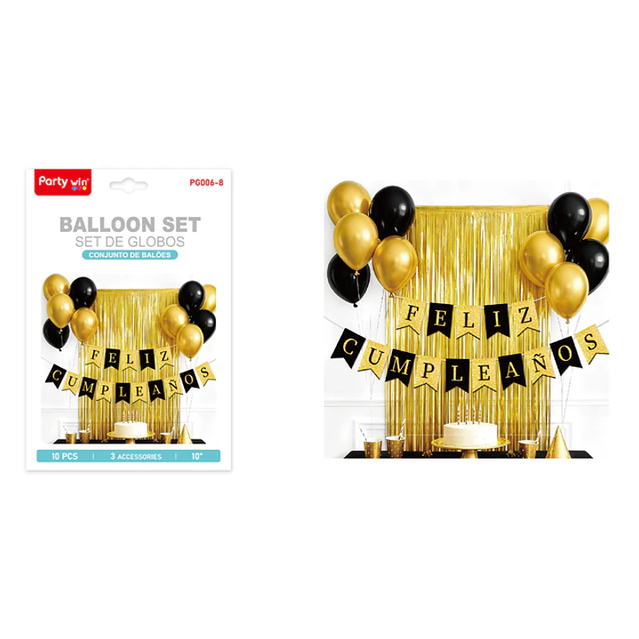 Set De Cortina Con Globos Cumpleaños Negro Dorado 1