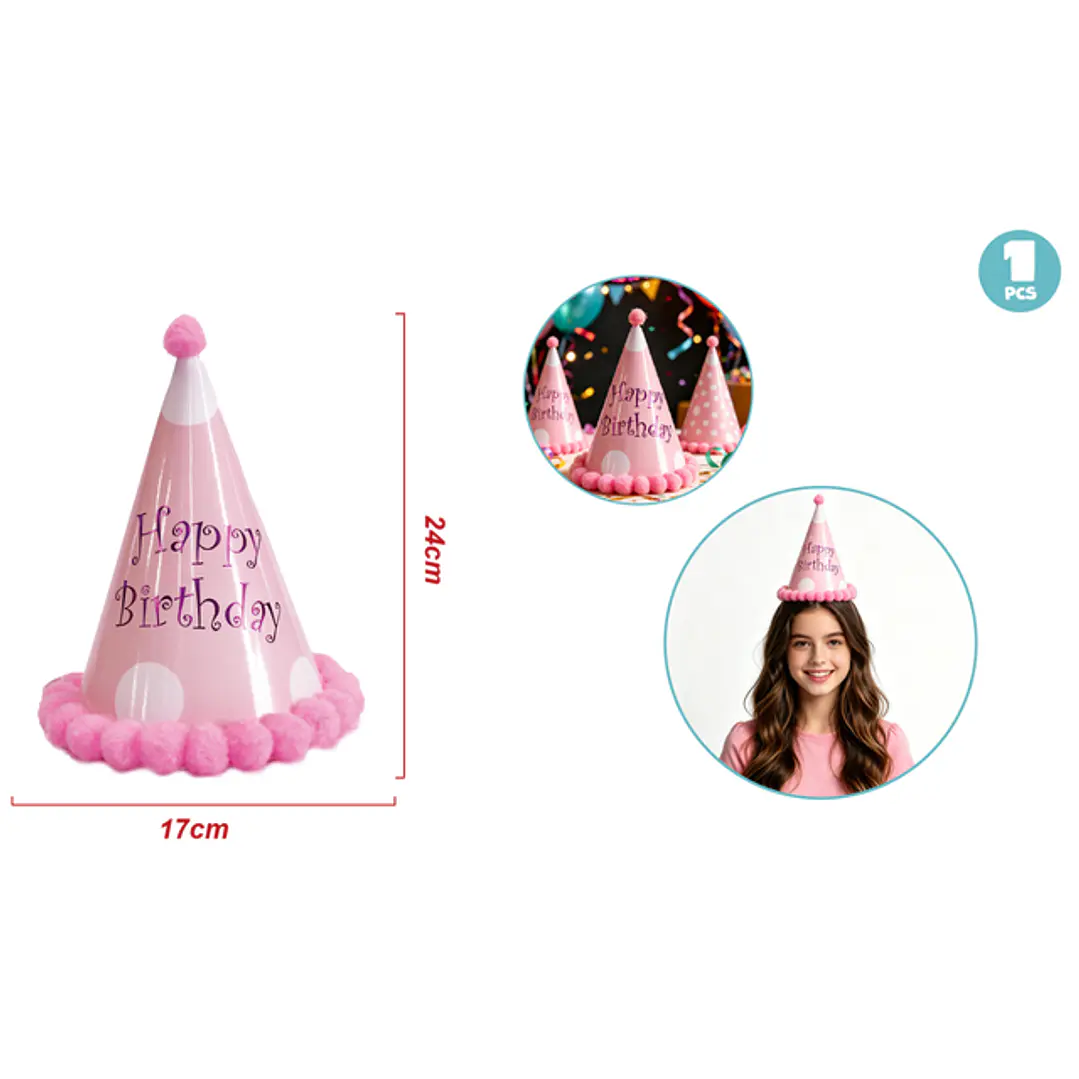 Gorro De Papel Pompones Cumpleaños Rosado 1