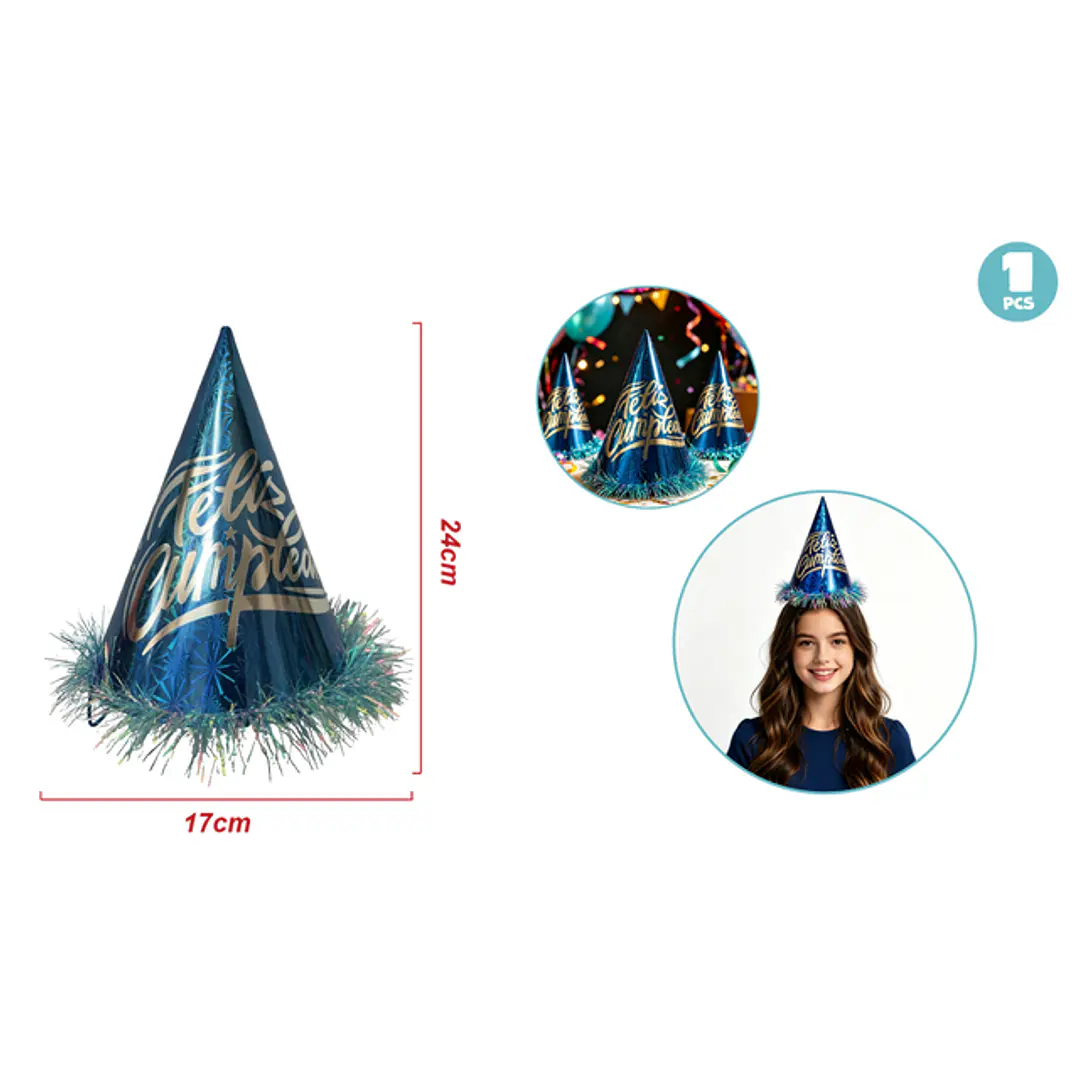 Gorro De Papel Flecos Cumpleaños Azul 1