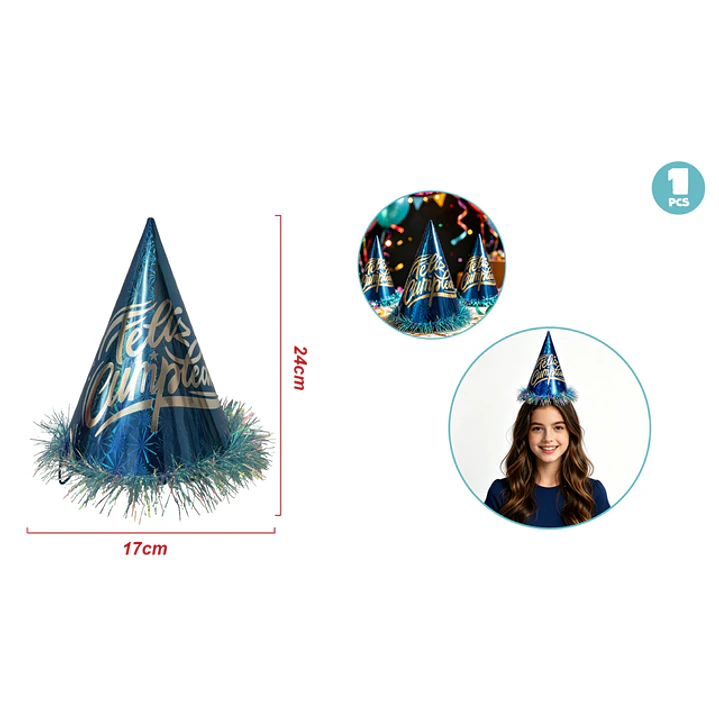 Gorro De Papel Flecos Cumpleaños Azul 1