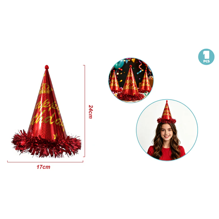 Gorro De Papel Flecos Cumpleaños Rojo 1