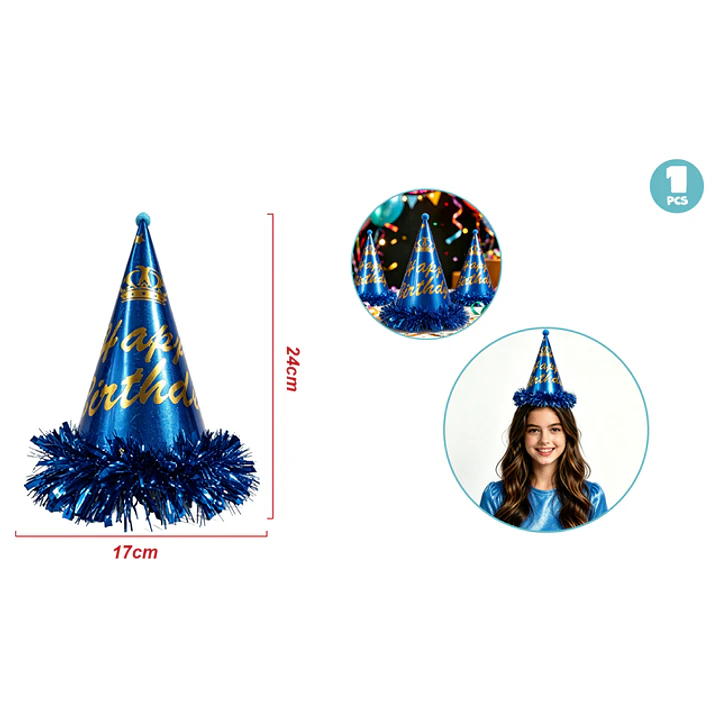Gorro De Papel Flecos Cumpleaños Azul 1