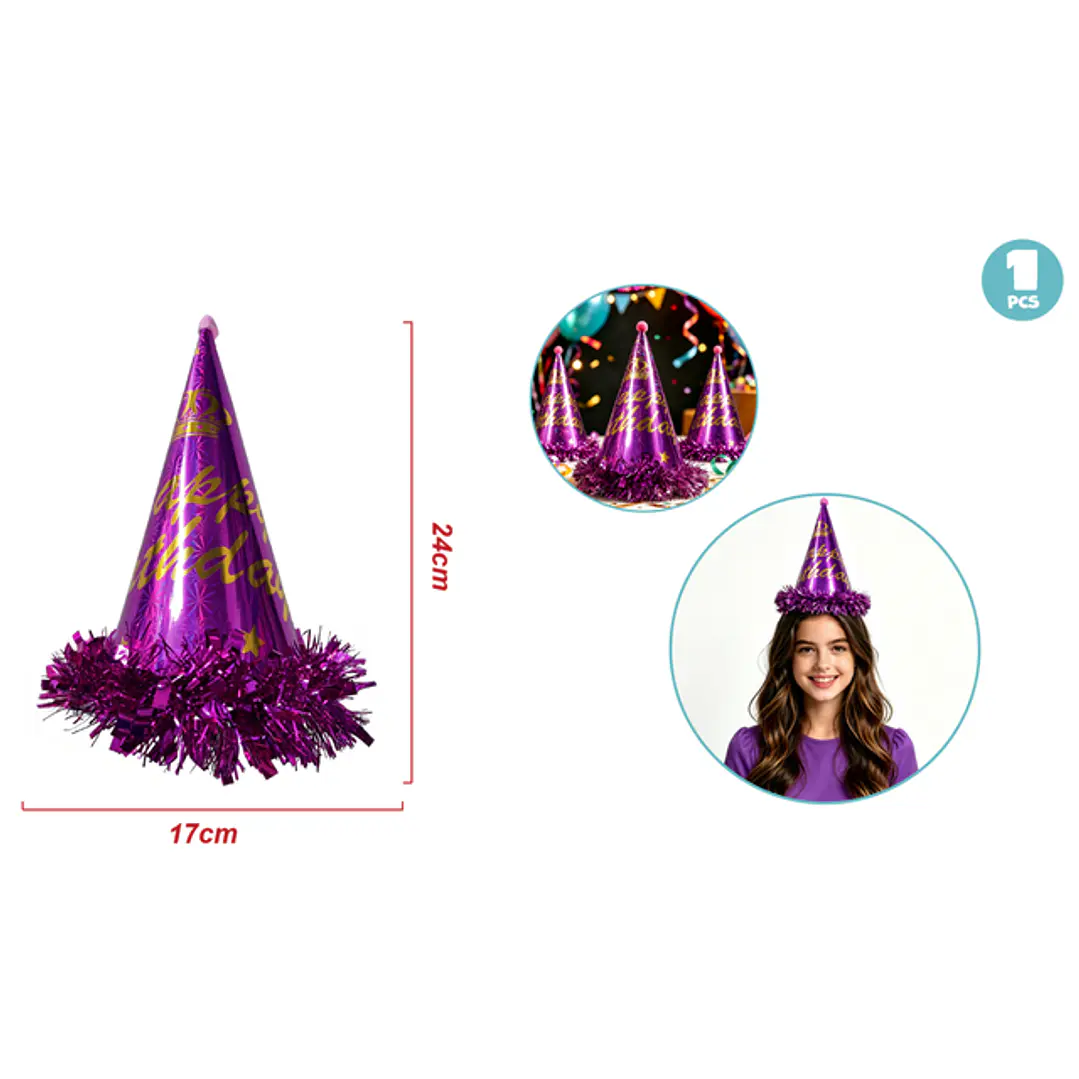 Gorro De Papel Flecos Cumpleaños Morado 1