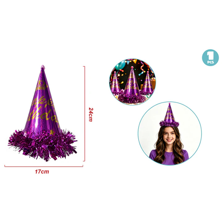 Gorro De Papel Flecos Cumpleaños Morado 1