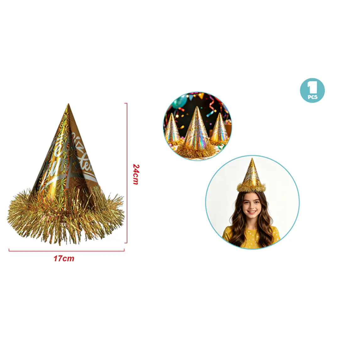 Gorro De Papel Flecos Cumpleaños Dorado 1