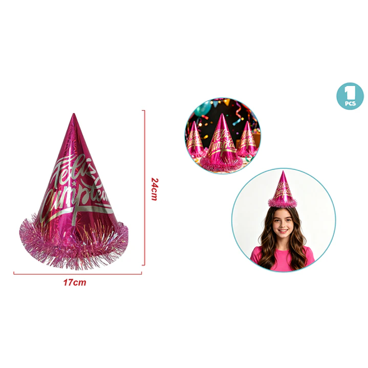 Gorro De Papel Flecos Cumpleaños Fucsia 1