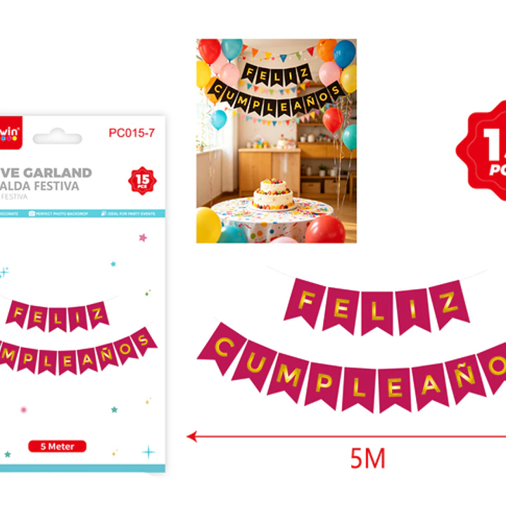 Guirnalda Cumpleaños Fucsia Dorado 5M 15 Unidades 1