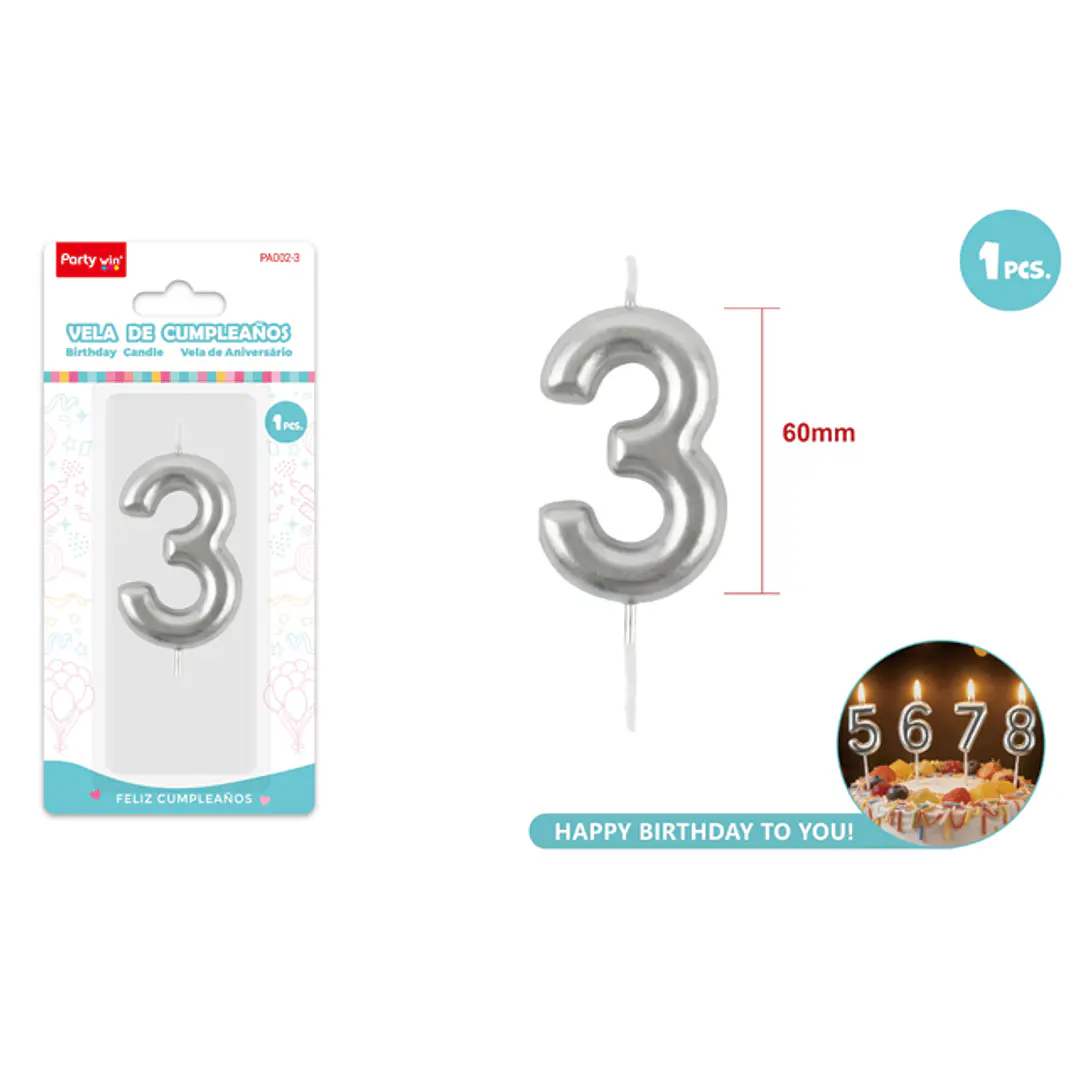 Vela De Numero Plateado 3 6Cm 1