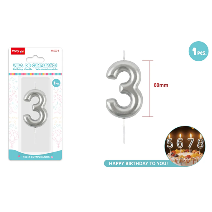 Vela De Numero Plateado 3 6Cm 1