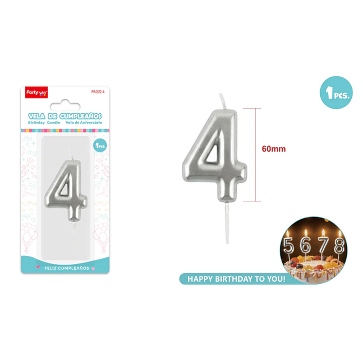 Vela De Numero Plateado 4 6Cm 1