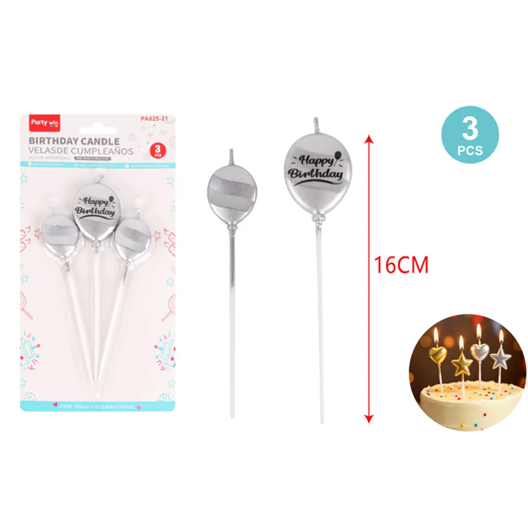 Velas F.Cumple Globo Plateado 3 Unidades 1