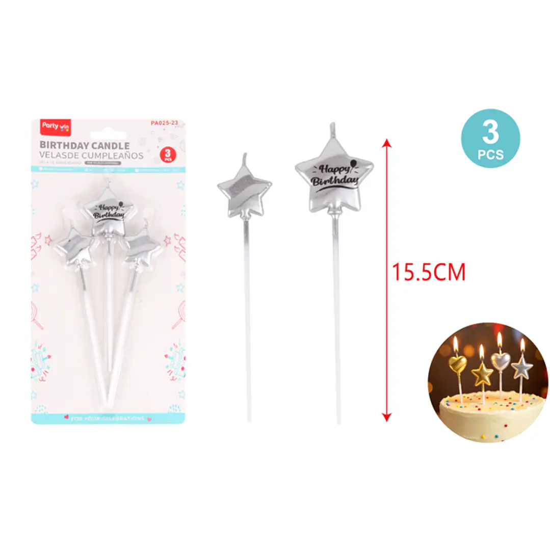 Velas F.Cumple Estrellas Plateado 3 Unidades 1